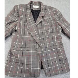 Jones New York Womens 18W Wool Glen Plaid Blazer Jacket Black White Red USA Made